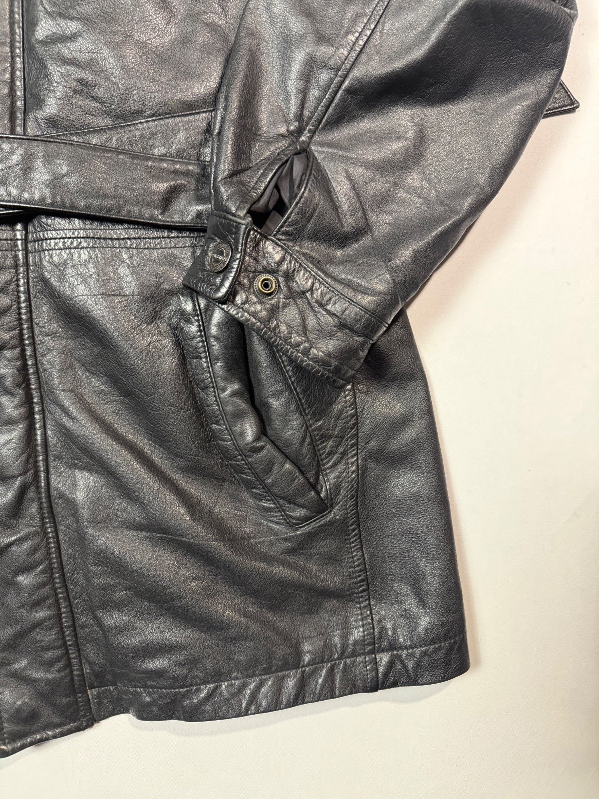 Wilsons Black Leather Belted Jacket Size M
