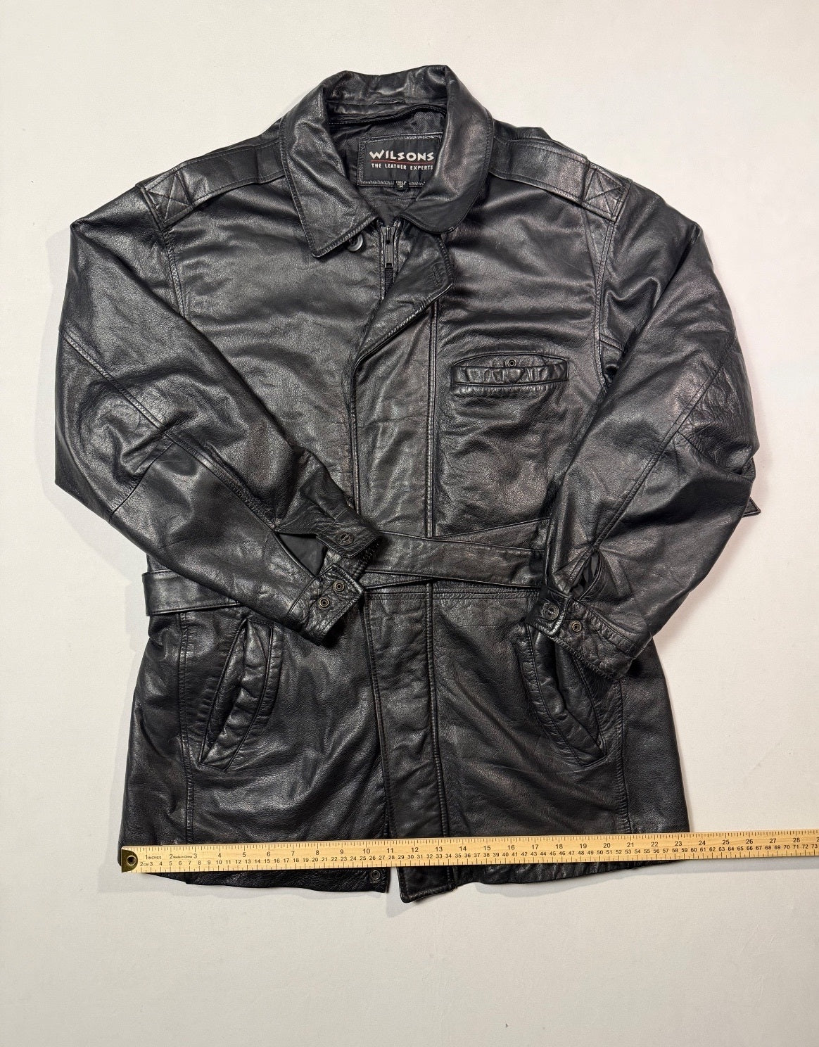 Wilsons Black Leather Belted Jacket Size M