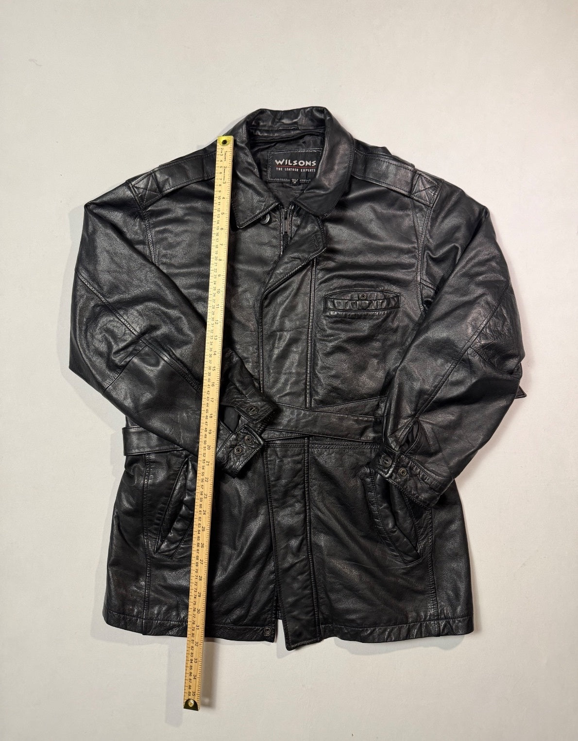 Wilsons Black Leather Belted Jacket Size M